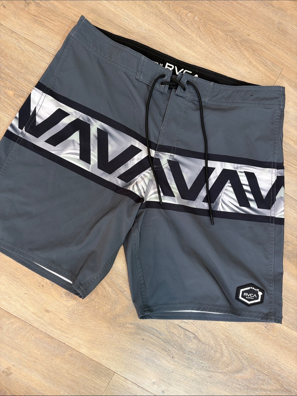 RVCA Men's Gray Swim Boardshorts with Black and Silver Logo Band